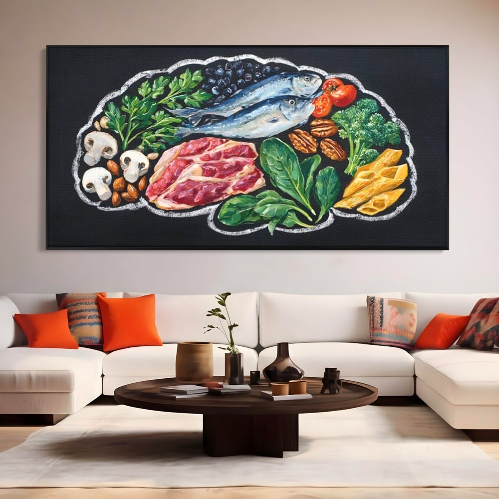 Tablou canvas cu pictura cu alimente variate pe fundal negru, in rama de aluminiu negru, pe perete intr-un living